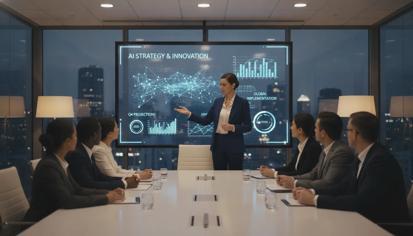 Executive team discussing AI strategy in a modern corporate boardroom with data dashboards