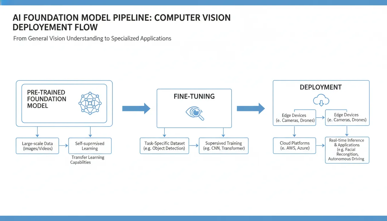 AI foundation model adaptation workflow from pre-trained base to fine-tuned deployment
