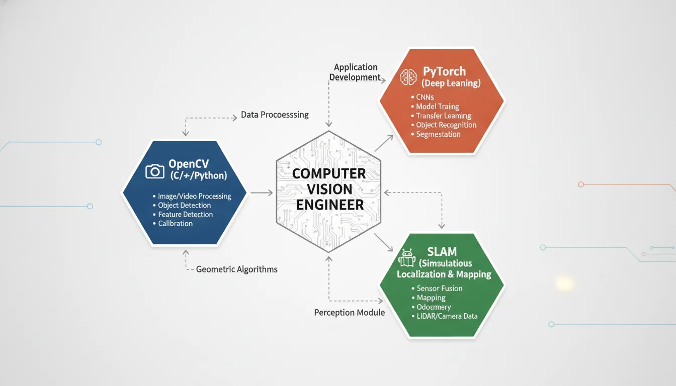 Computer vision engineer skills diagram showing OpenCV, PyTorch, and SLAM framework relationships