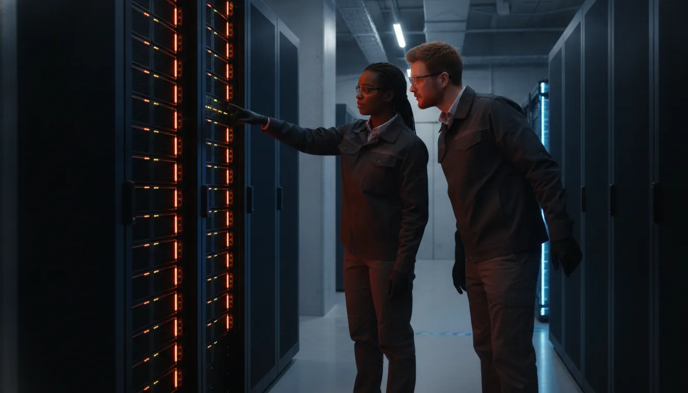 Two engineers standing at a server rack in a data center inspecting hardware