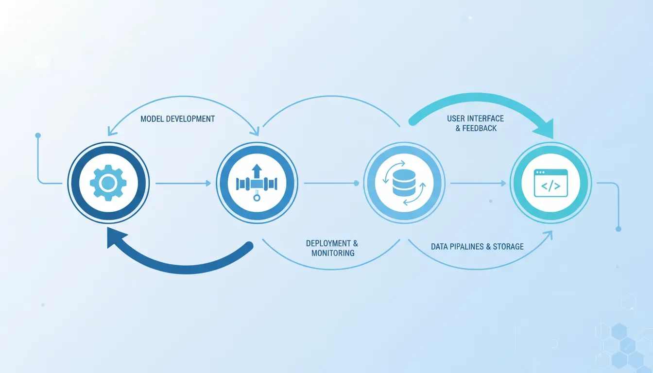 Ensemble system diagram showing how ML Engineer, MLOps Engineer, Data Engineer, and Full-Stack Engineer connect in a feedback loop for production AI teams.