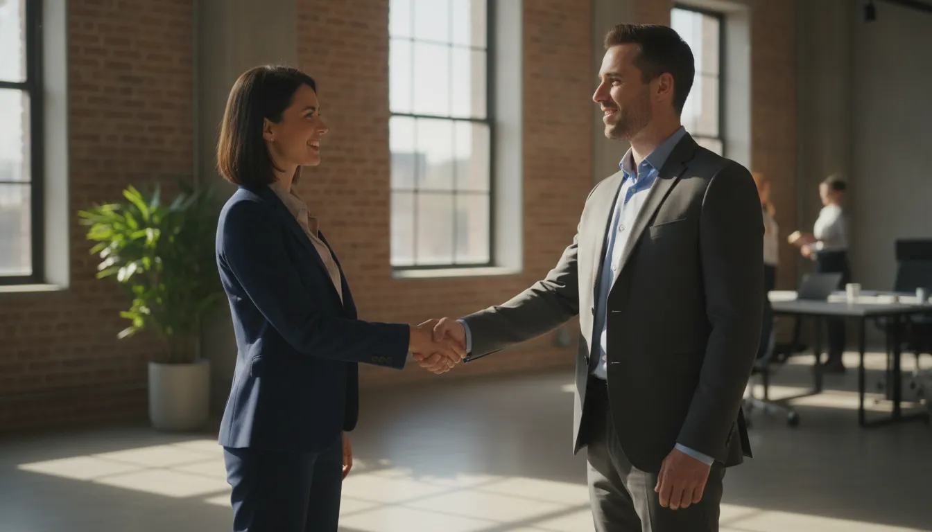Two professionals shaking hands in a bright modern office with exposed brick