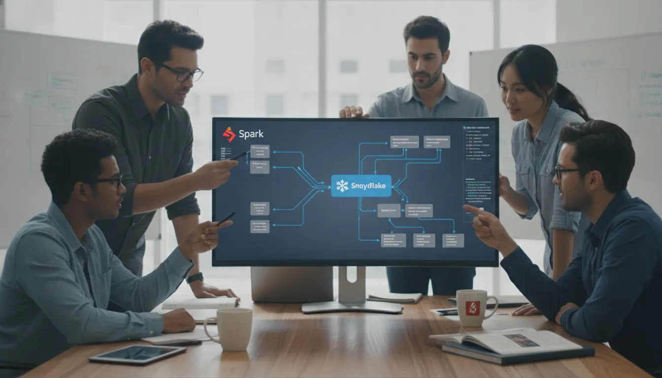 Data engineering team analyzing real-time data pipeline architecture on a collaborative dashboard