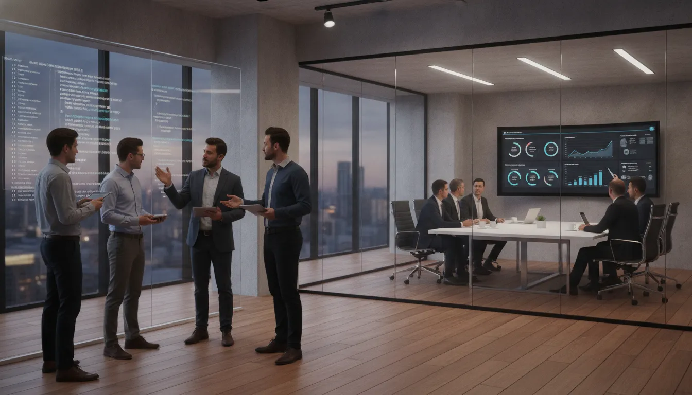 AI engineering team collaborating on machine learning model development in a modern office