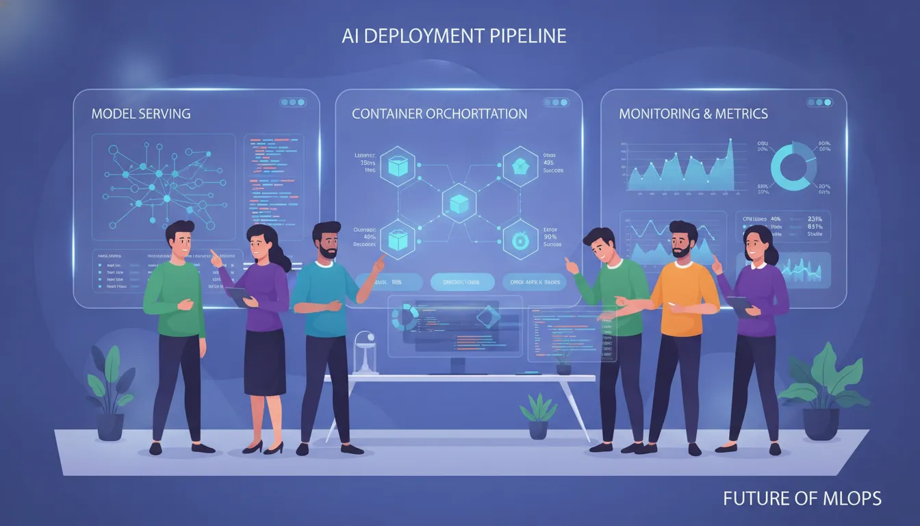 AI team collaborating around a deployment pipeline dashboard showing model serving, container orchestration, and monitoring metrics