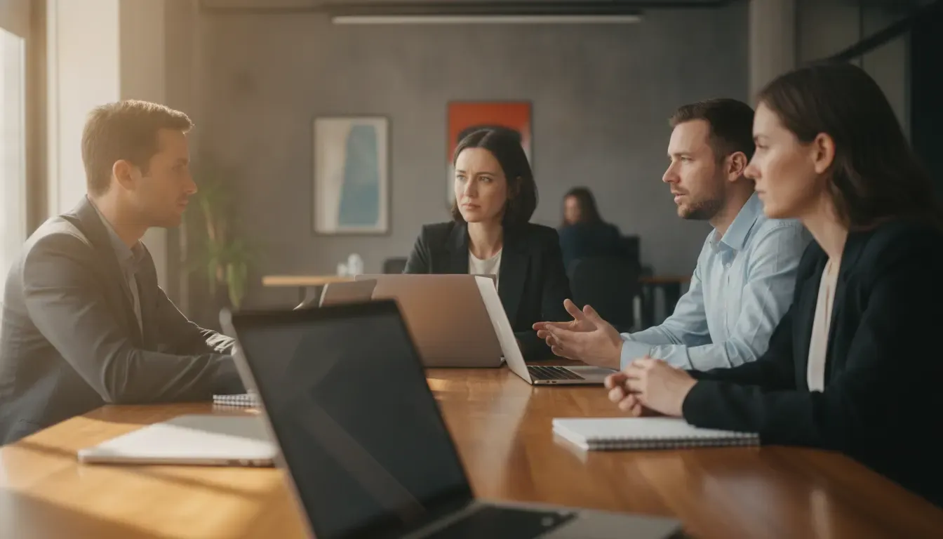 Hiring panel evaluating an MLOps manager candidate through a structured leadership interview