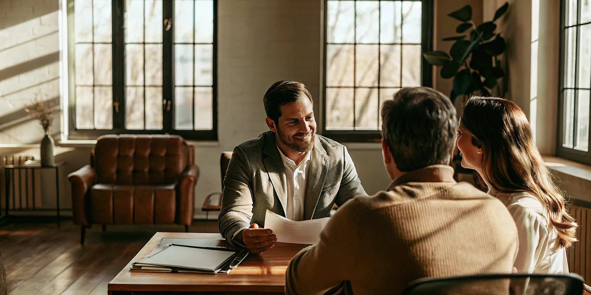 Immigration lawyer reviewing spousal sponsorship open work permit application with a couple in a modern Ontario law office