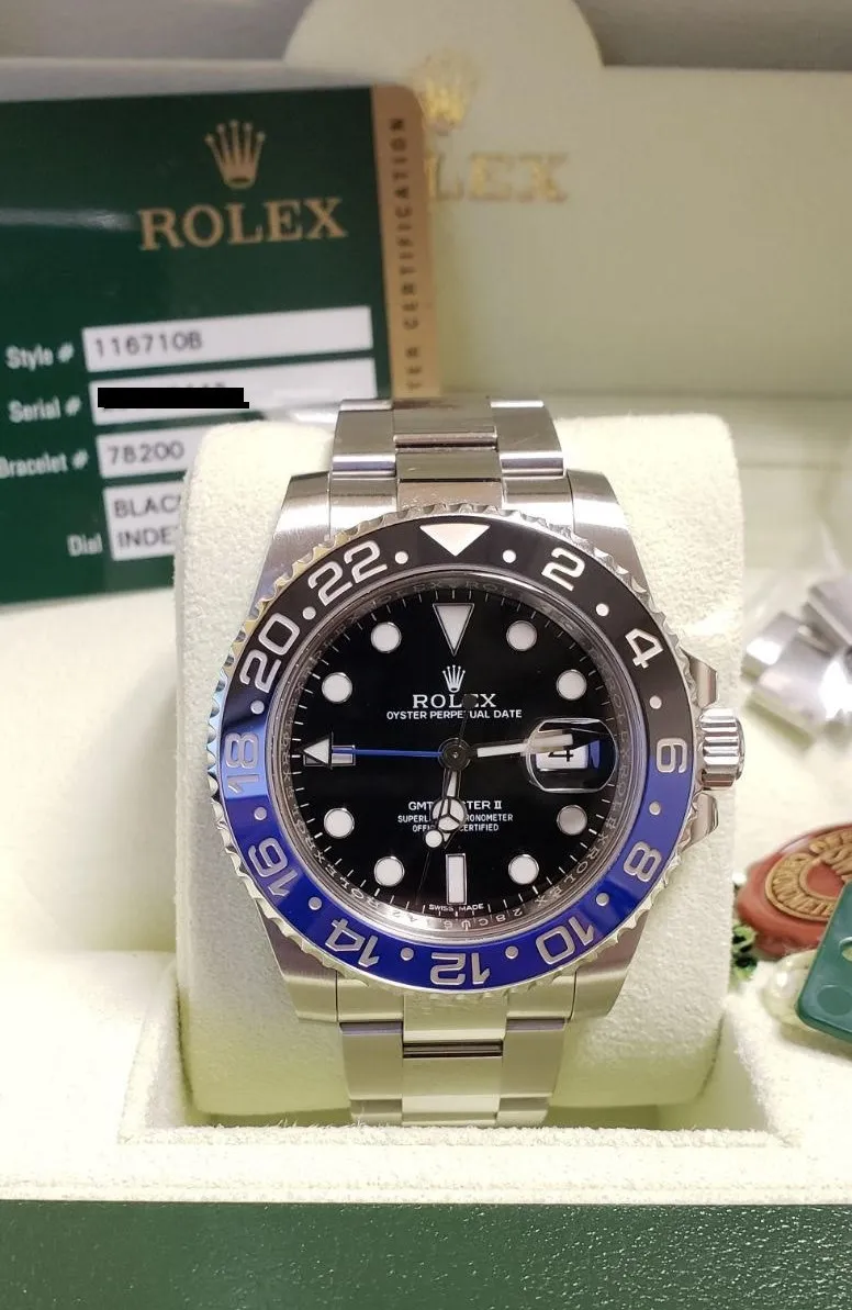 Rolex GMT-Master II Batman (Ref. 116710BLNR) with its black and blue ceramic bezel