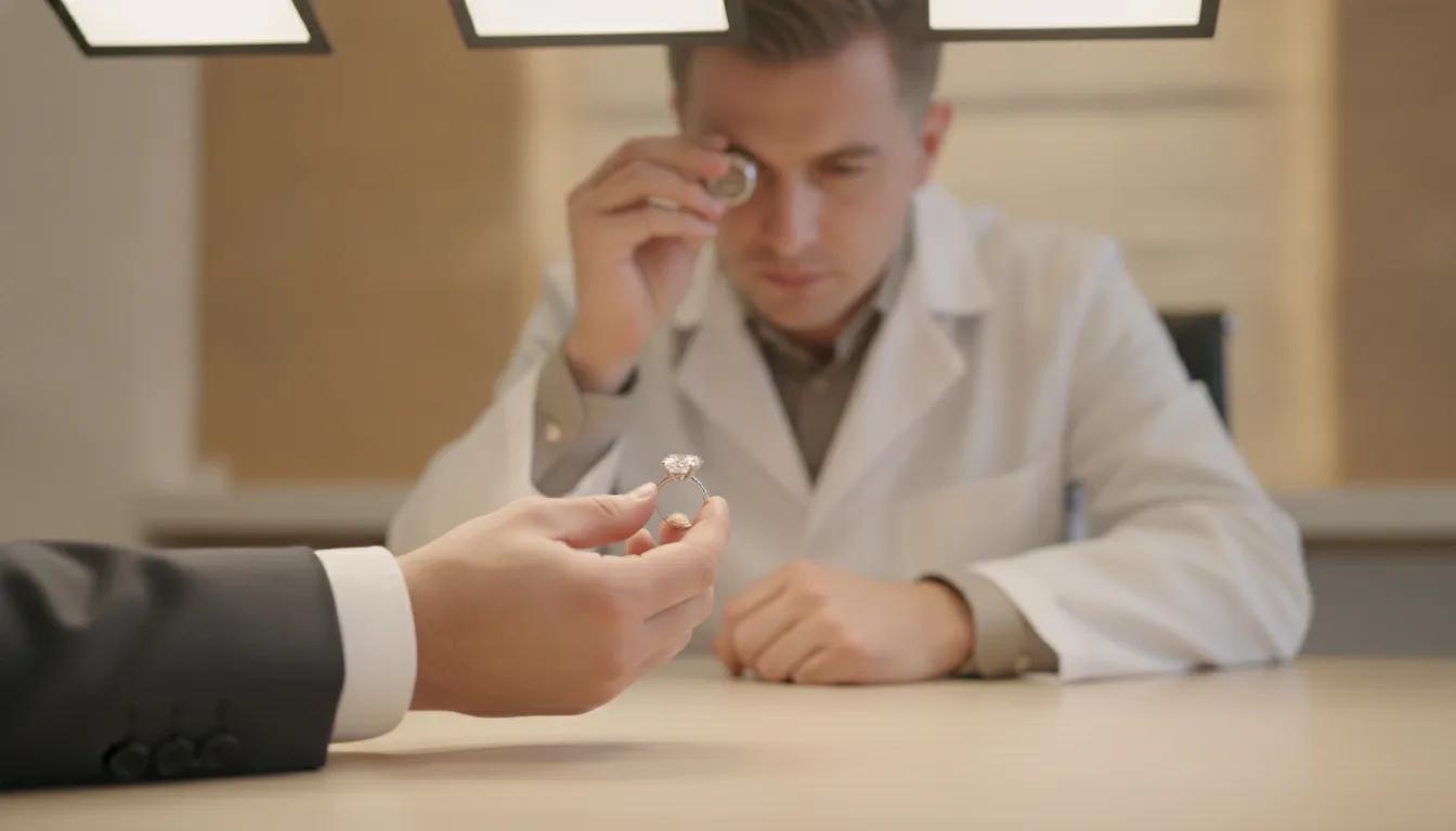 GIA gemologist evaluating a diamond ring for a jewelry equity loan under a jeweler's loupe