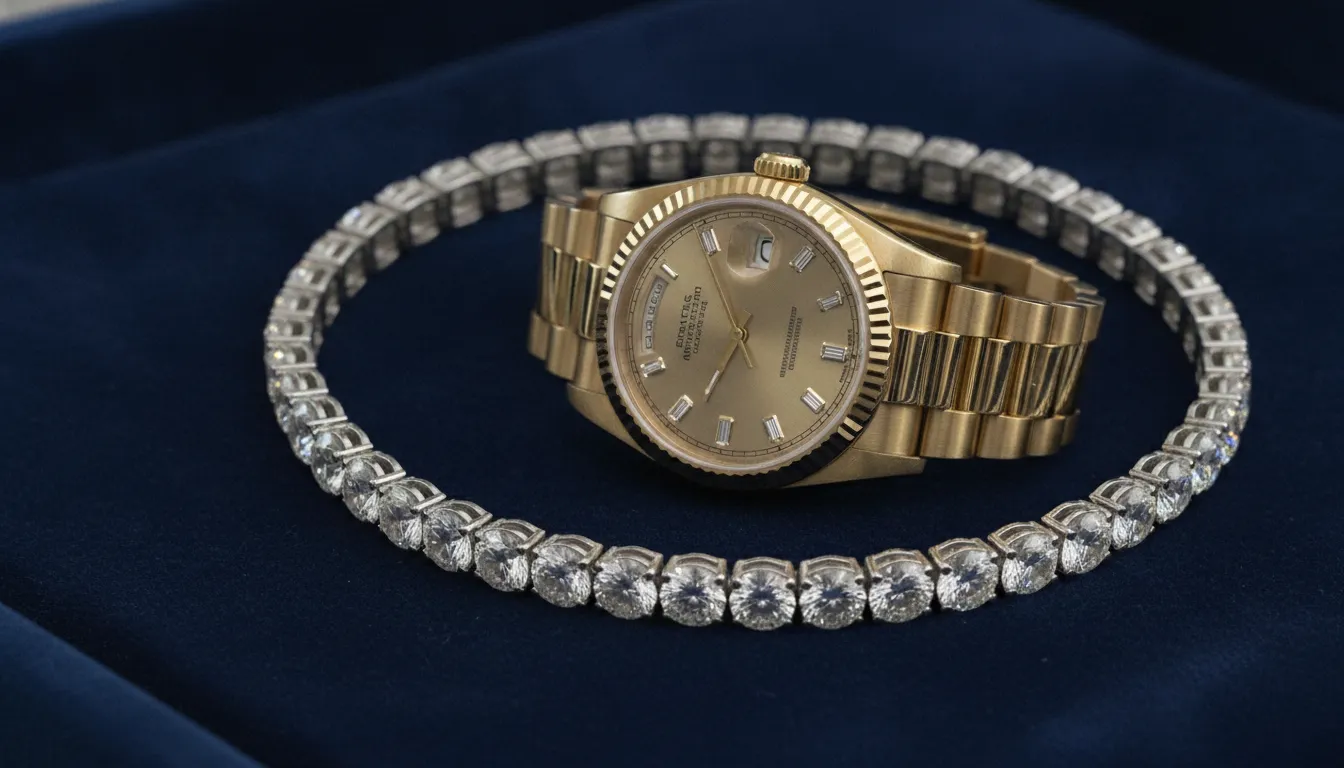 Luxury Rolex watch and diamond jewelry eligible for a jewelry equity loan on dark velvet