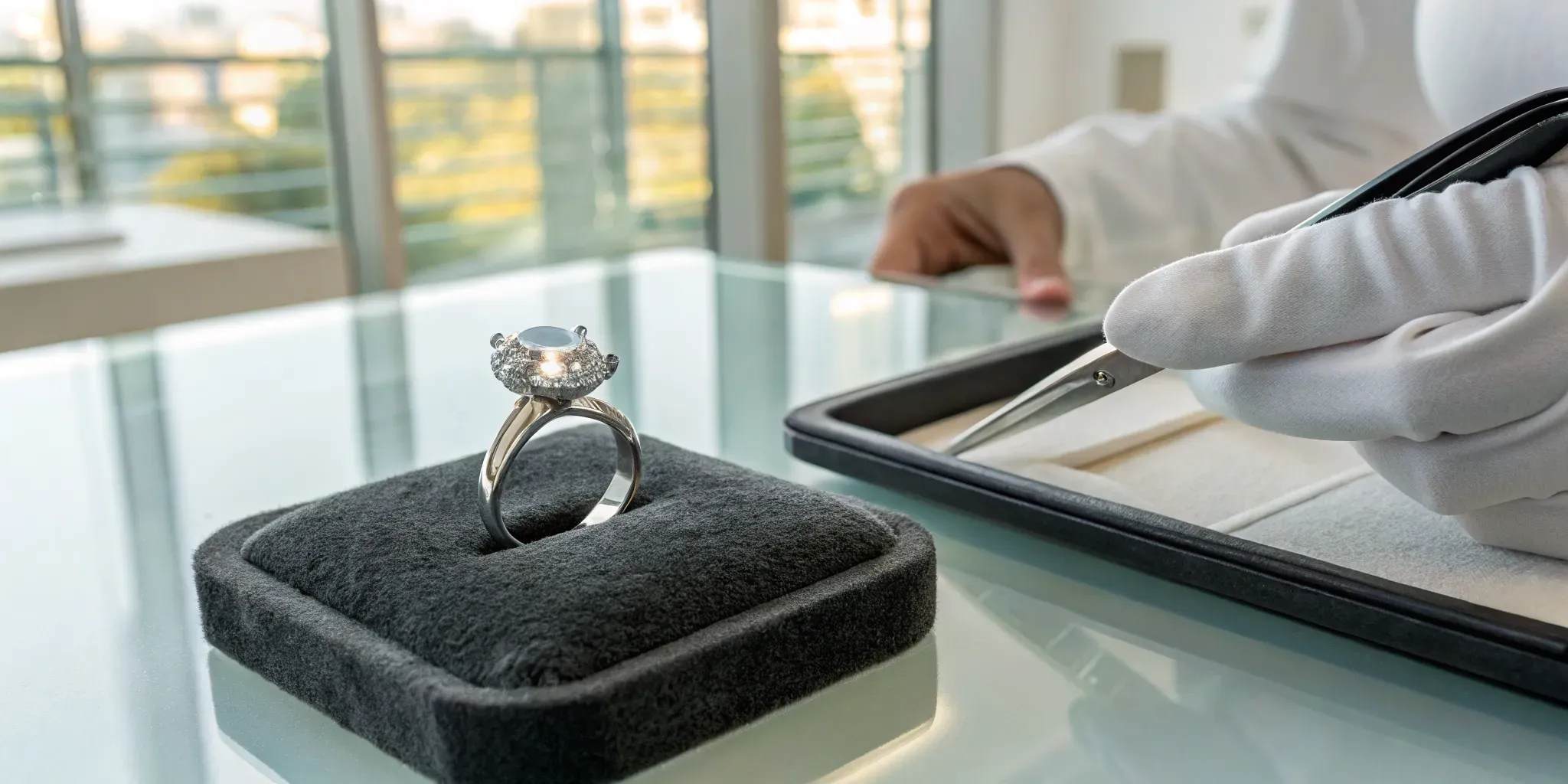 A diamond ring being evaluated by a professional buyer to compare selling options