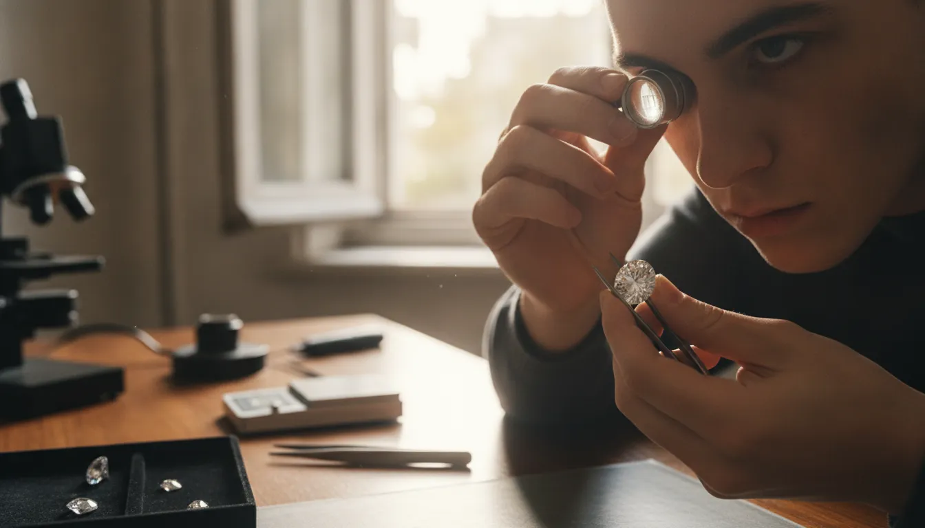 Professional gemologist examining a diamond with a loupe in an appraisal setting