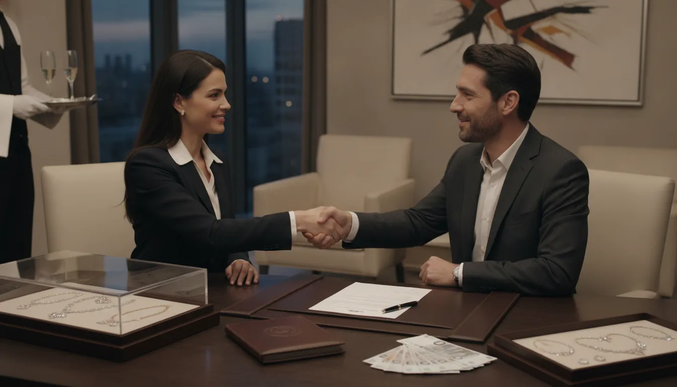 Luxury jewelry buyer meeting with client at desk, professional appraisal consultation setting