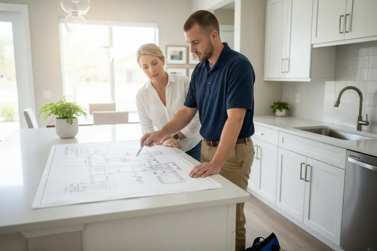 A plumber and homeowner review a home plumbing plan before discussing a repiping quote