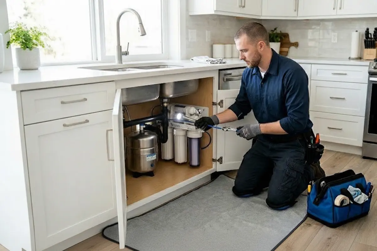 A plumber inspects pipe fittings beneath a sink