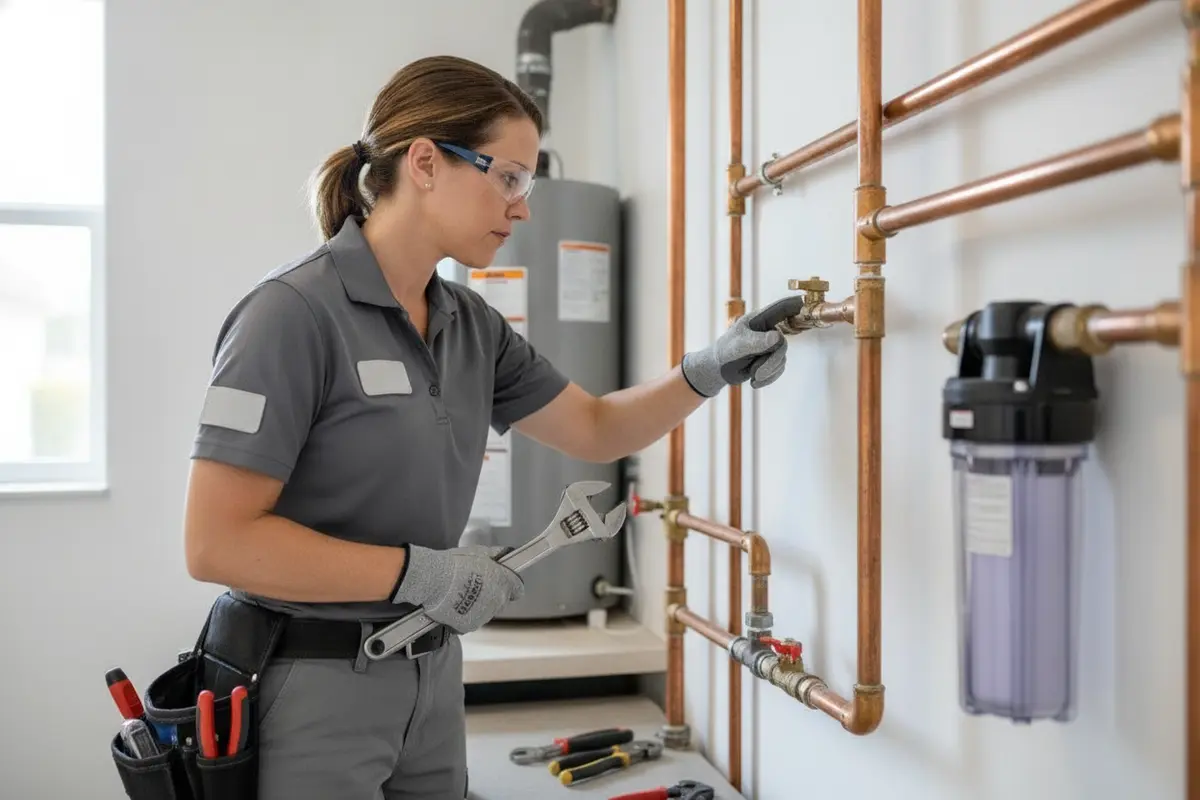 A plumbing professional checks accessible water piping while planning repiping work