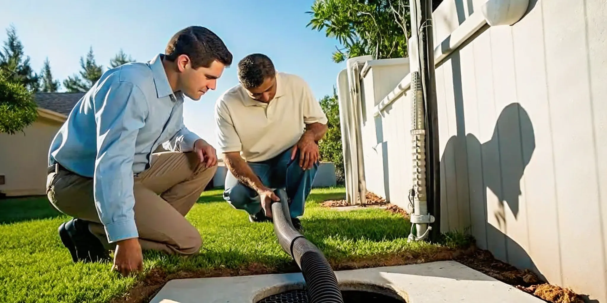 Plumbing technician inspecting a residential sewer cleanout cap in Fort Myers yard