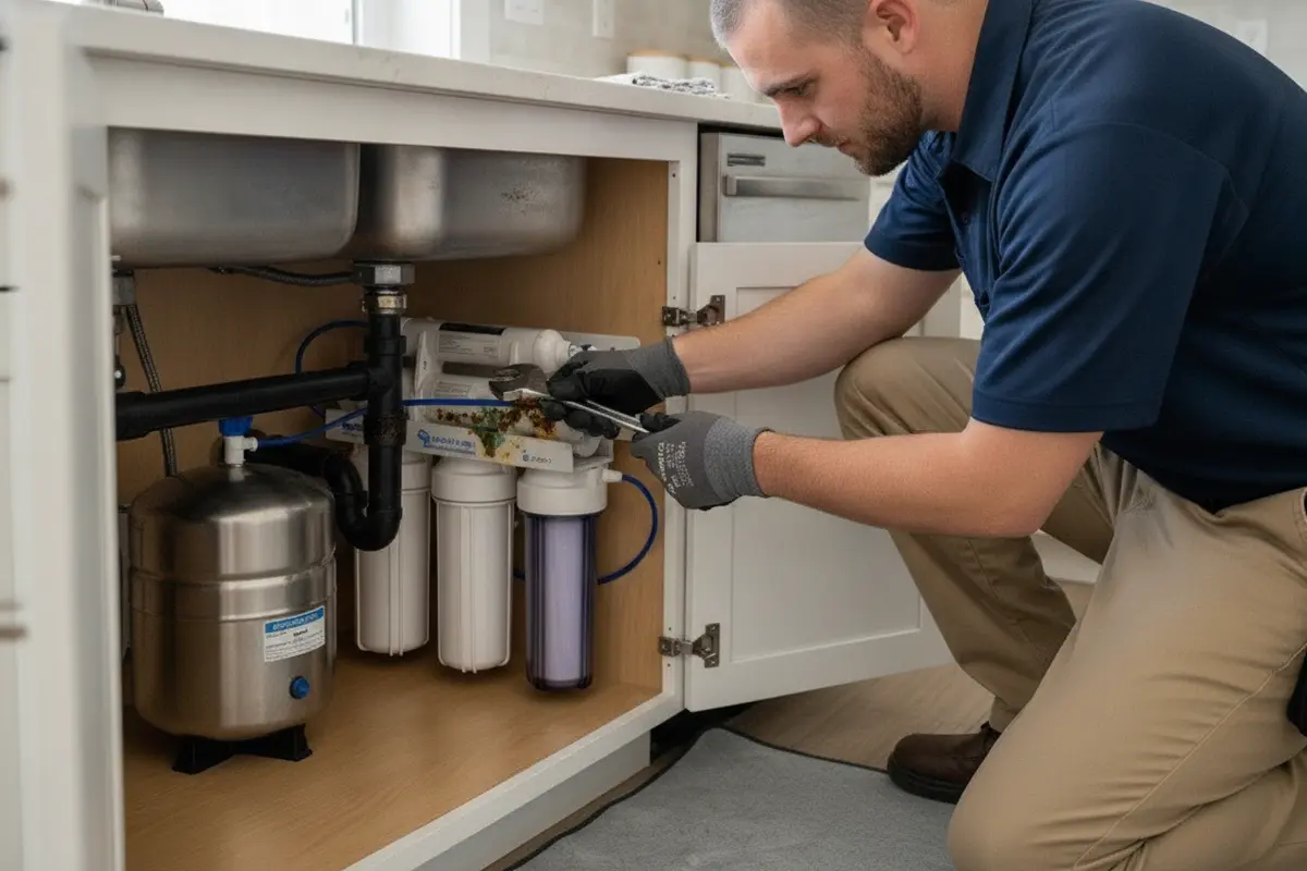 Close view of a plumber examining a corroded residential water pipe