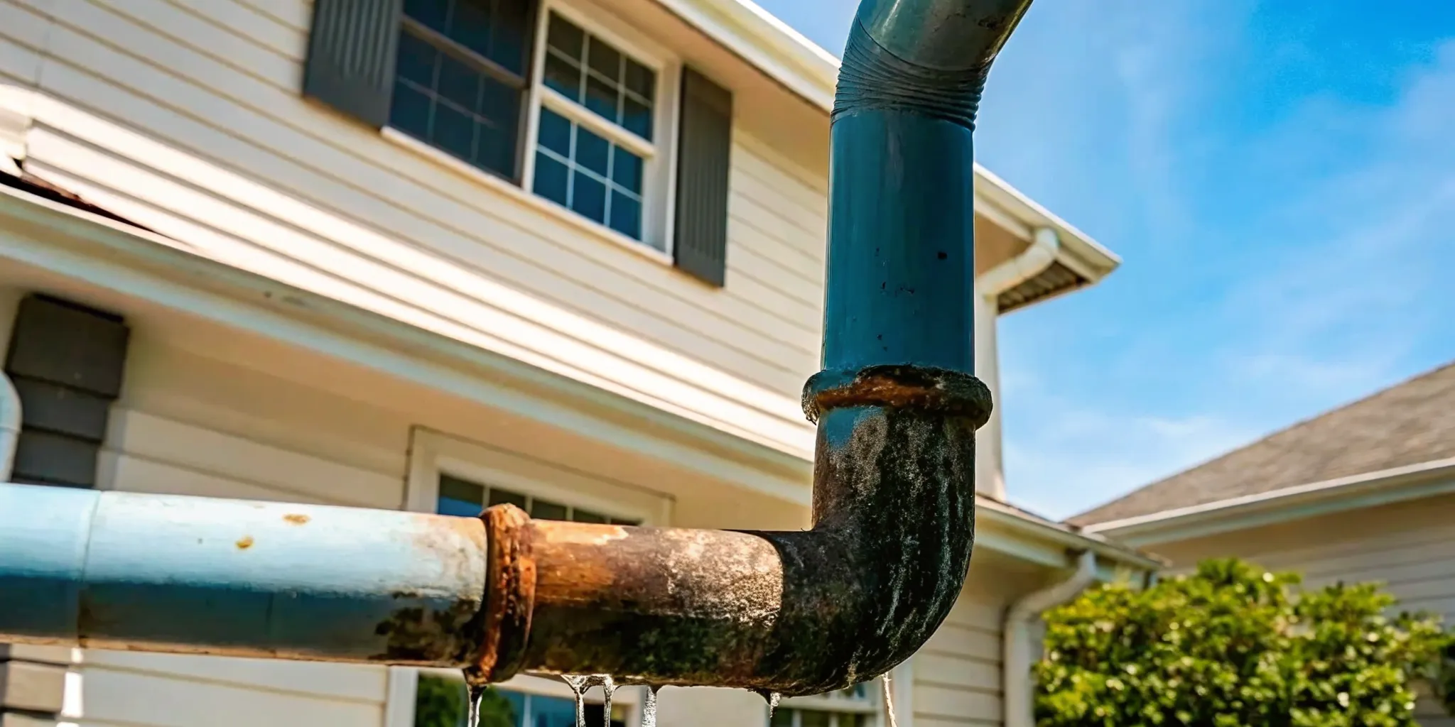 Corroded plumbing pipe showing green mineral buildup and small pinhole leaks