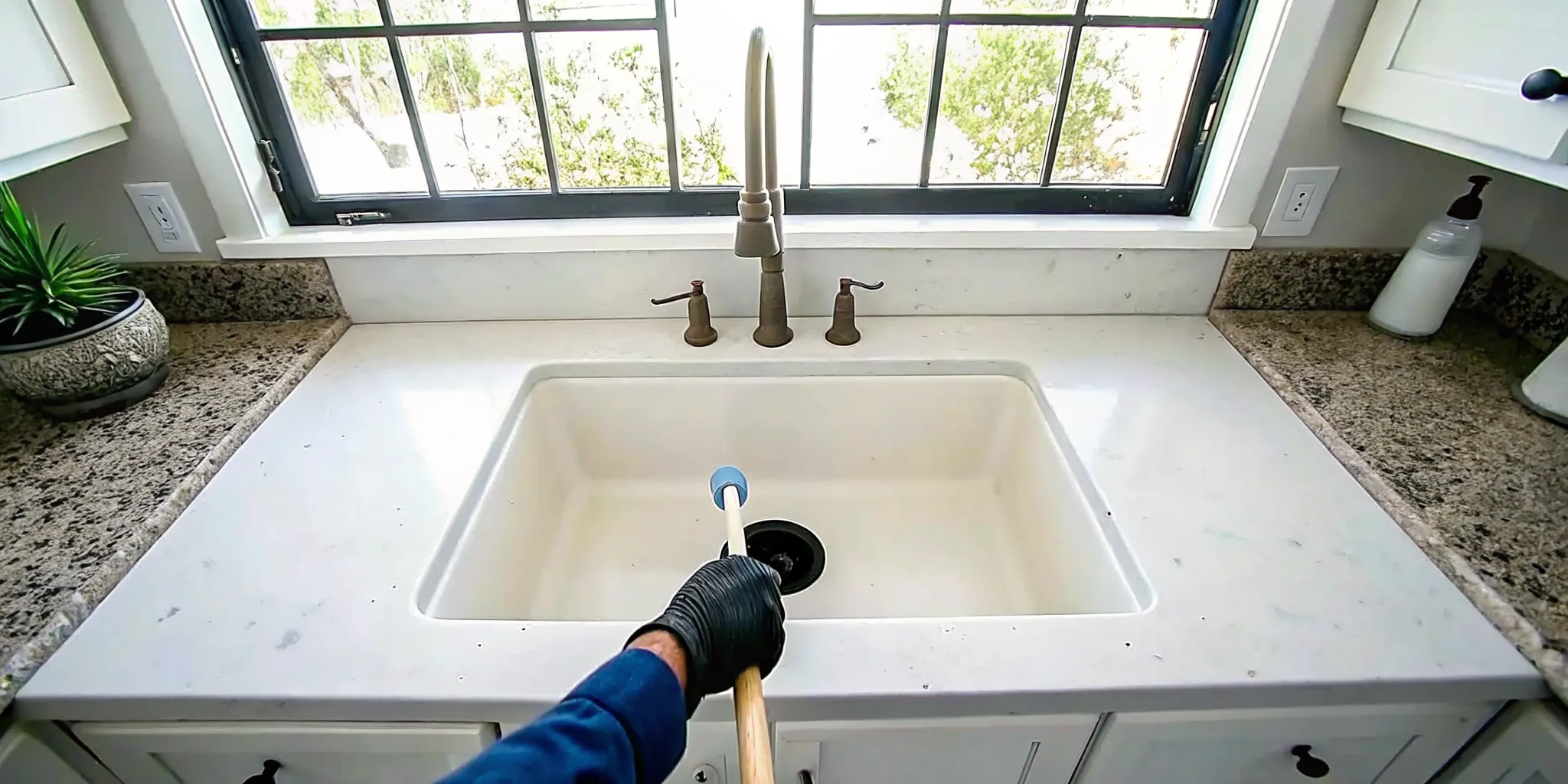 Homeowner using a drain plunger as a safe first step to unclog a drain