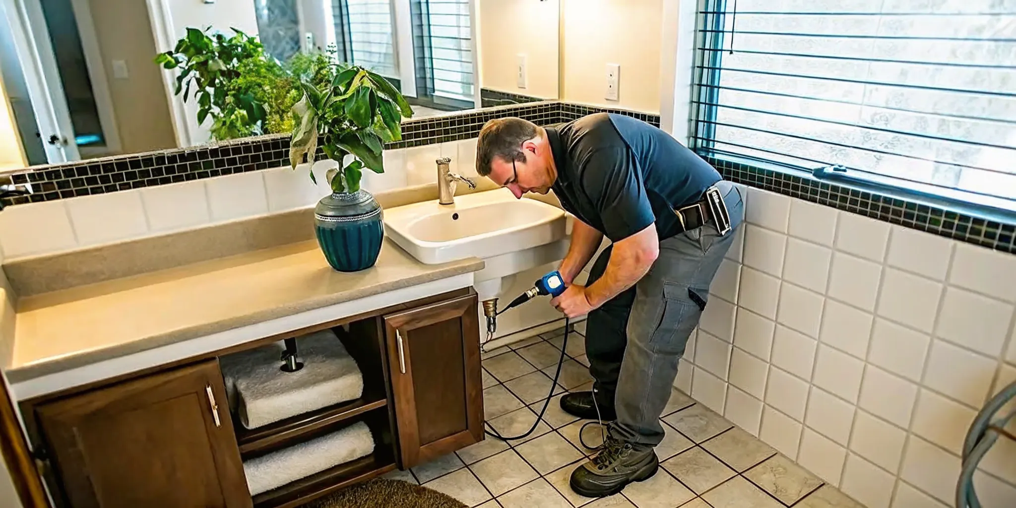 Professional plumber inspecting a bathroom sink drain with a hand auger and flashlight