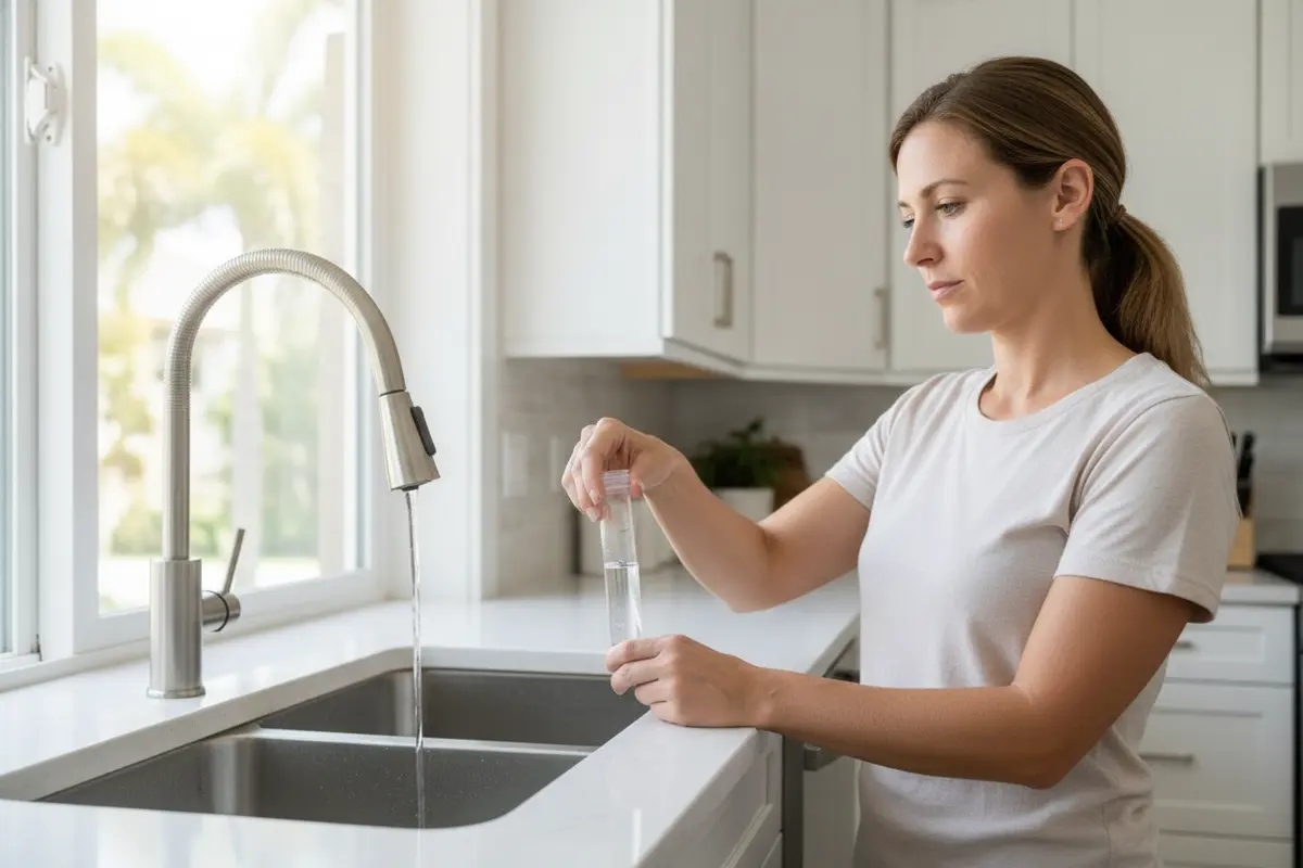 Homeowner collects a well-water sample for testing before choosing treatment