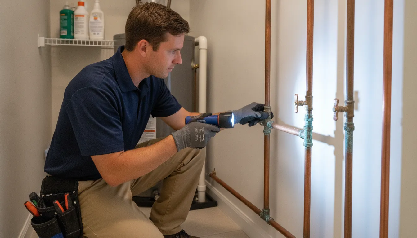 Whiskey Creek Plumbing technician inspecting copper pipes for corrosion during a pipe repair vs repipe evaluation in a Fort Myers home