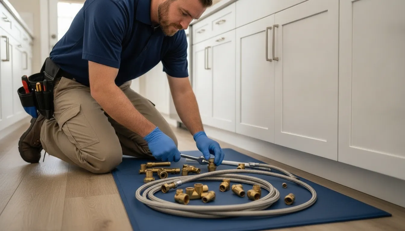 Plumber assessing water supply piping during a whole-house repipe evaluation