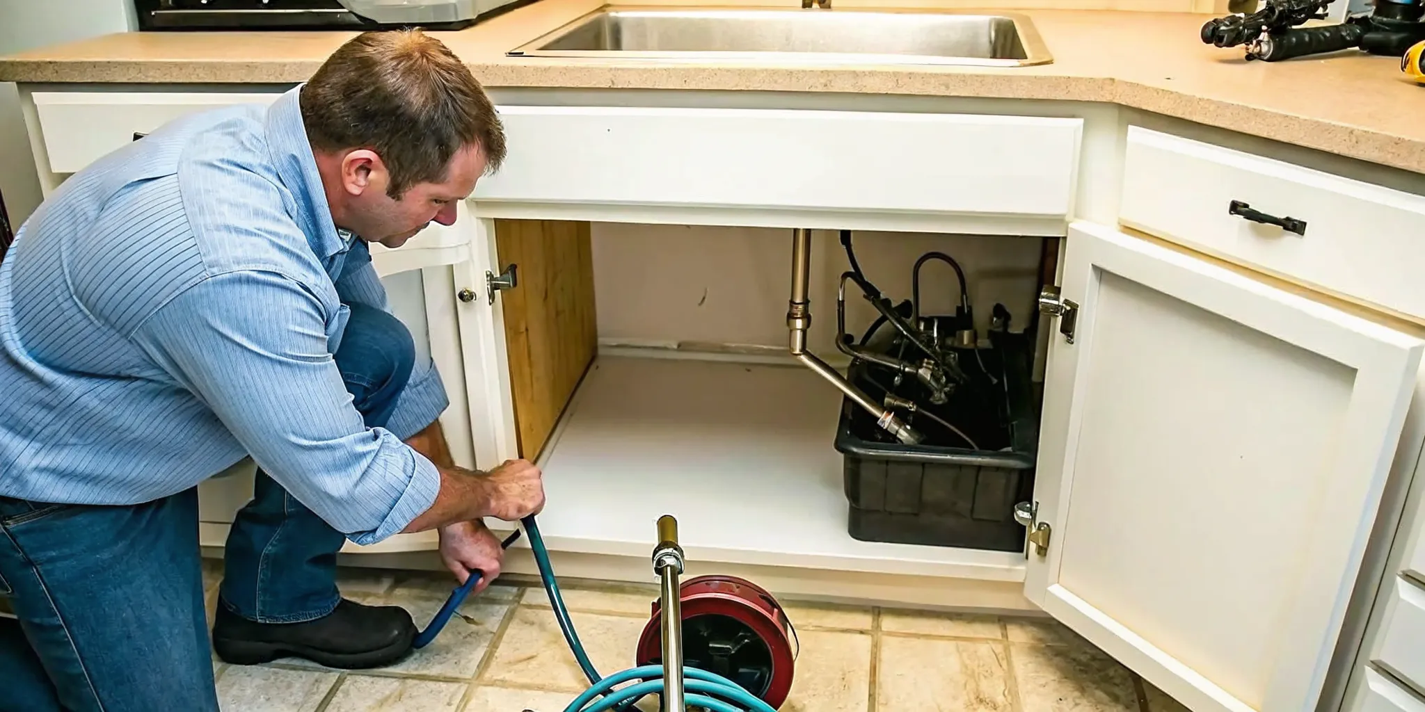 Professional plumber operating a hydro jetting machine for drain cleaning in a Fort Myers home