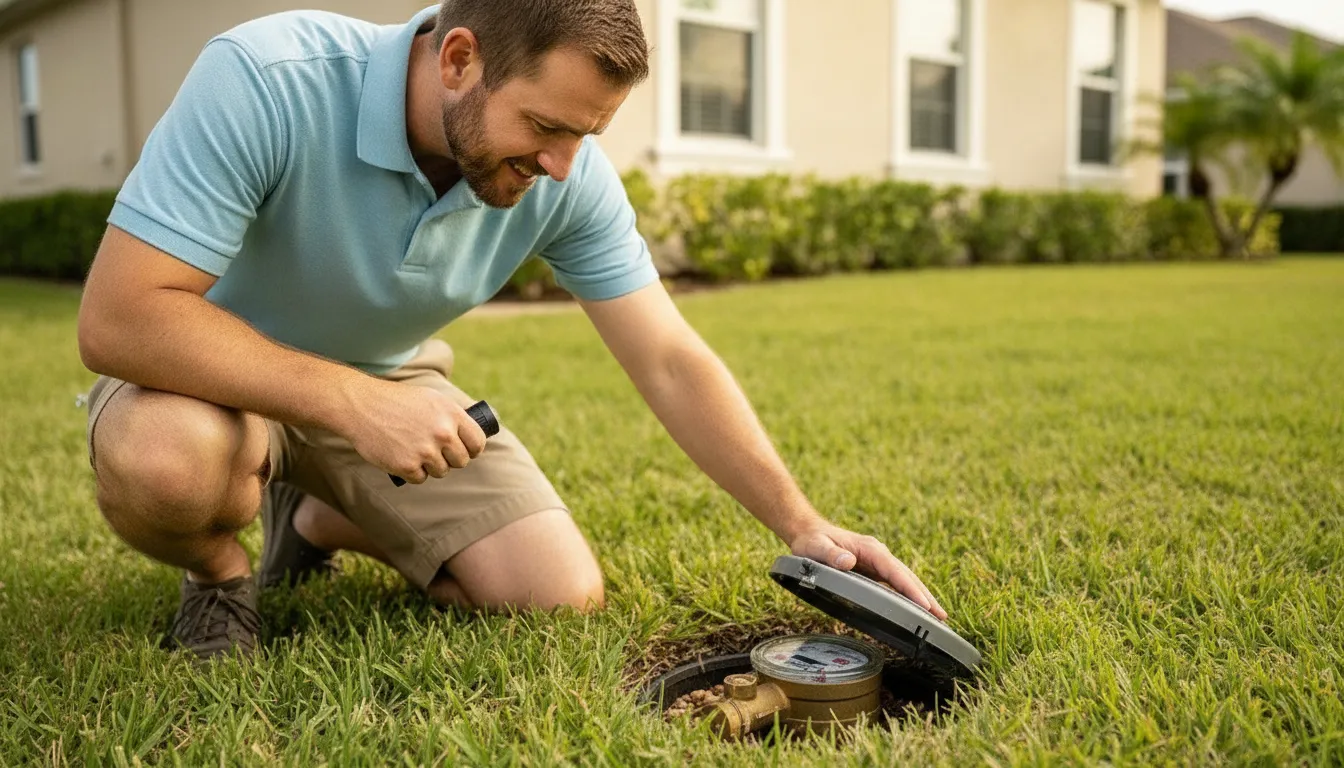 Homeowner inspecting a residential water meter to check for a hidden leak