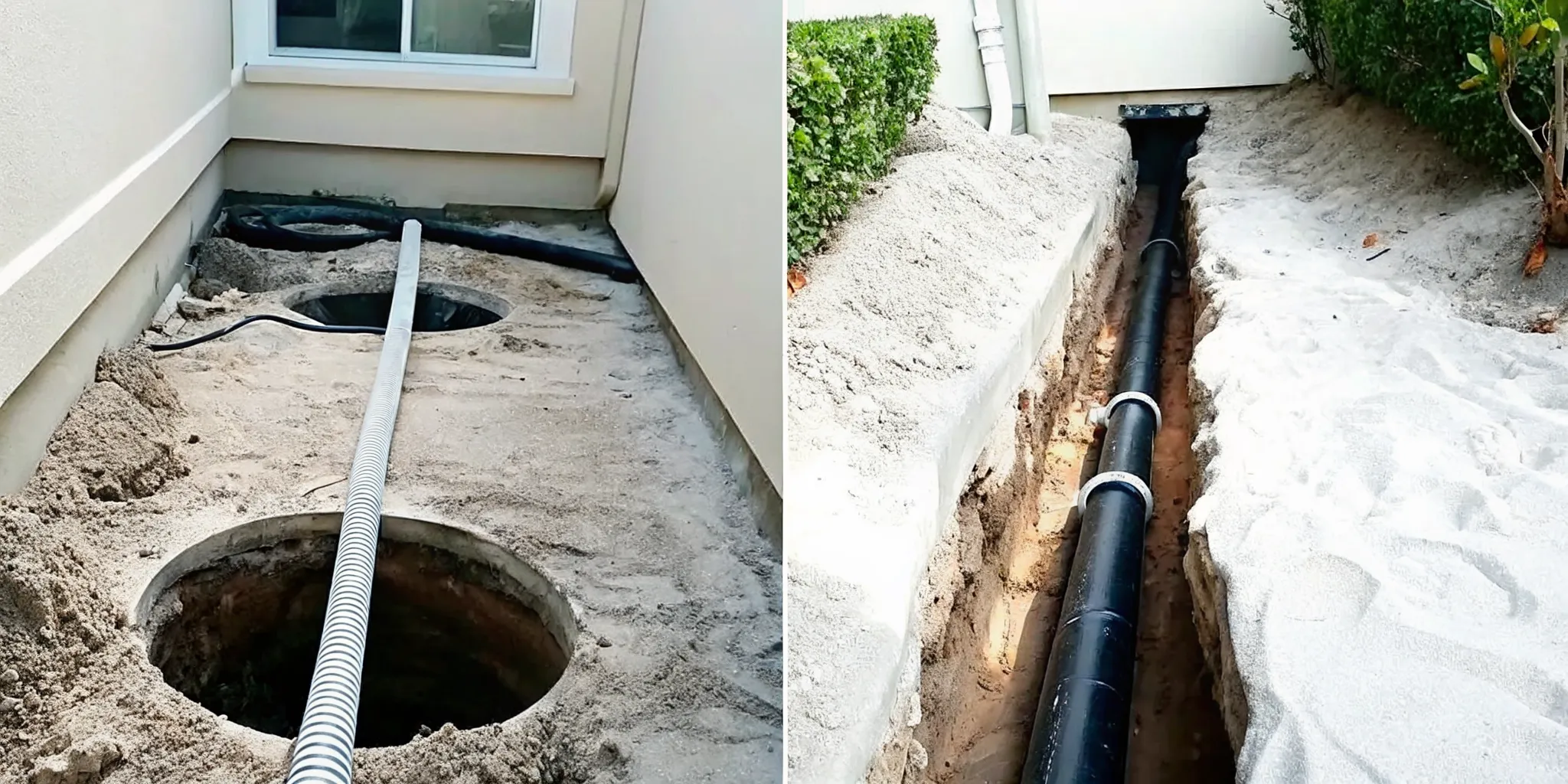 Damaged sewer pipe beside a trenchless replacement pipe