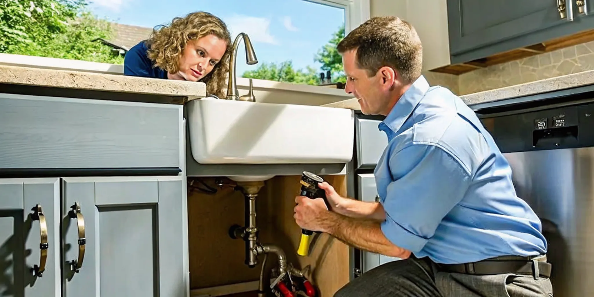 Professional plumber inspecting a leaking pipe during emergency plumbing repair