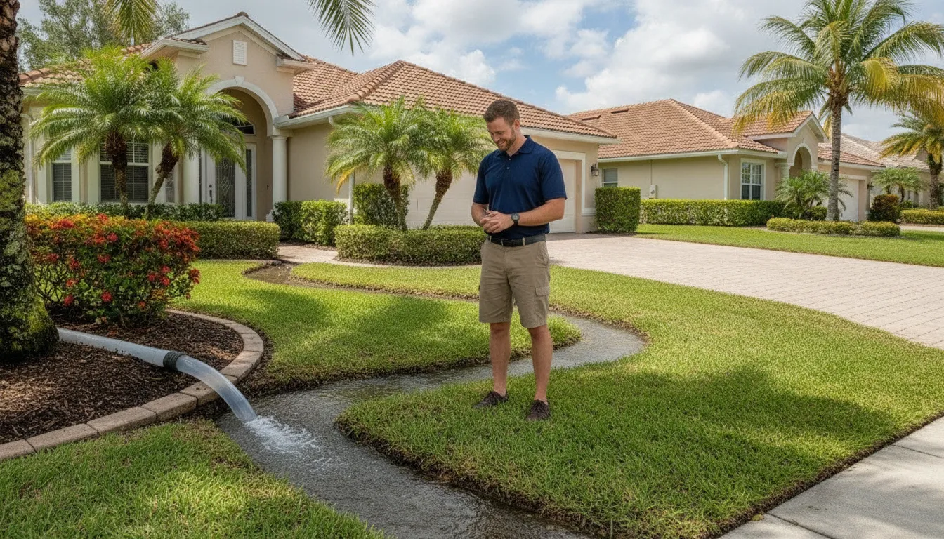 A plumber checks a sump pump discharge pipe for drainage problems
