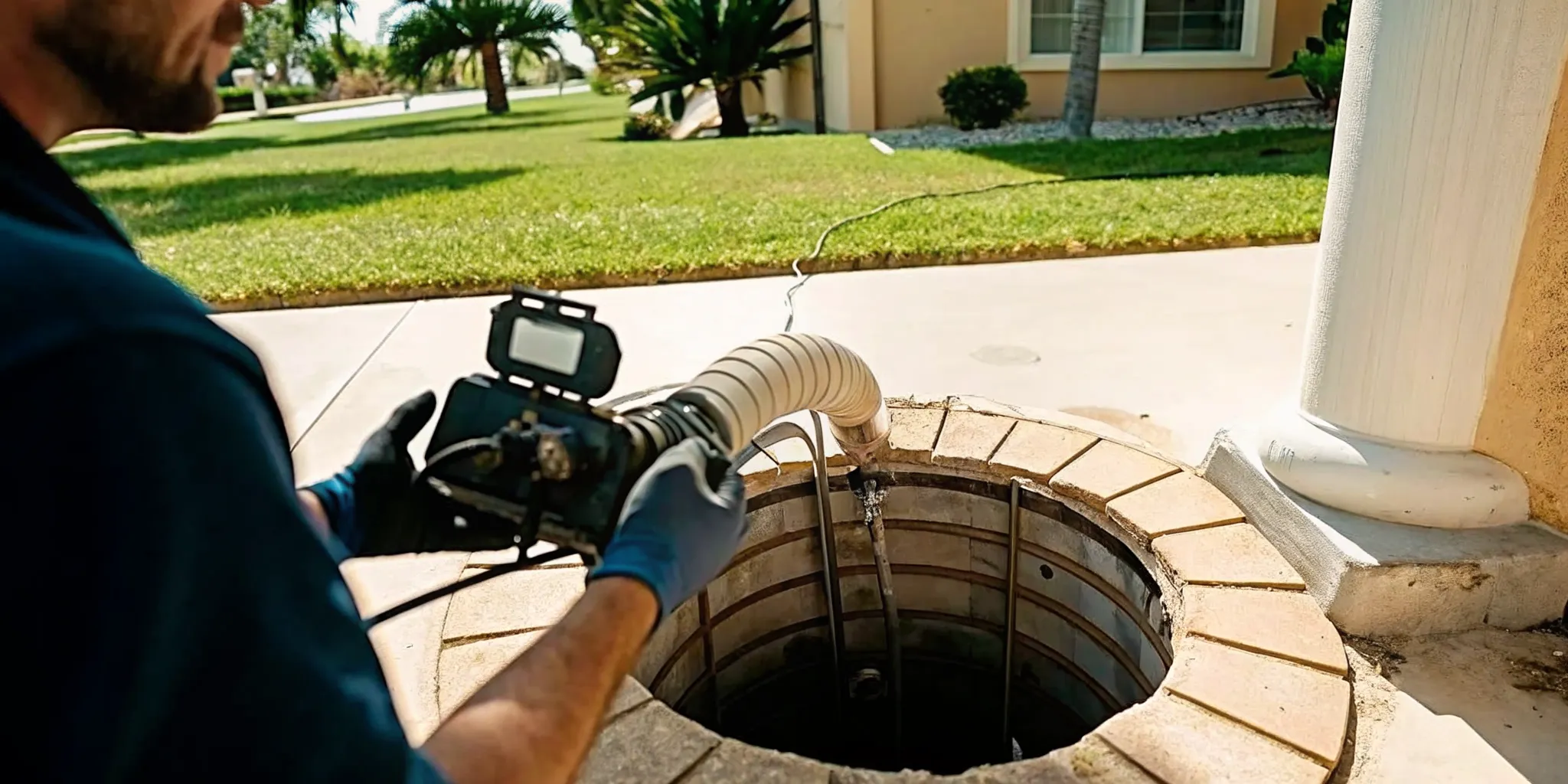 Plumber using a sewer inspection camera at a Fort Myers home