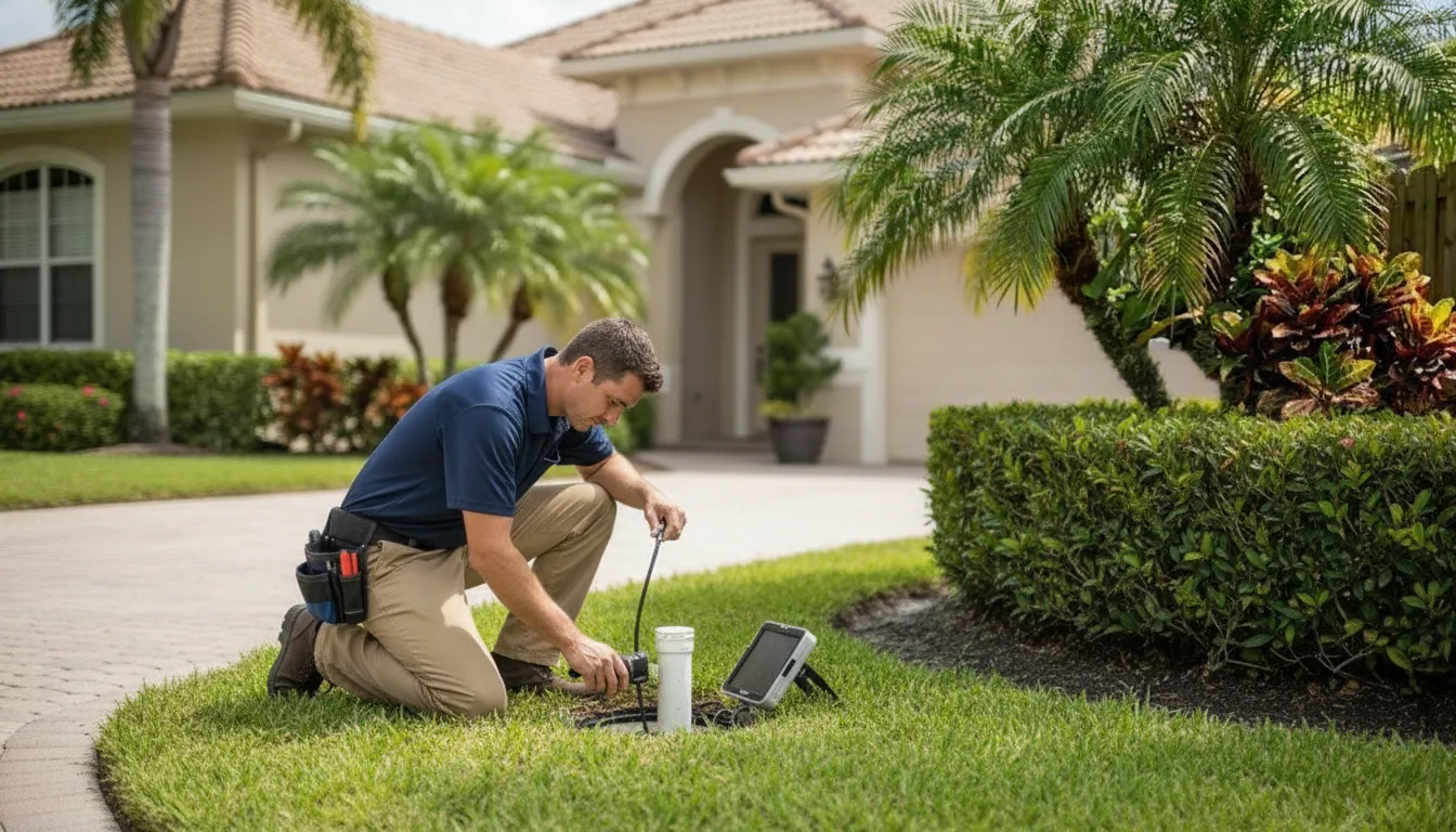 Plumber using a sewer inspection camera at a Fort Myers area home