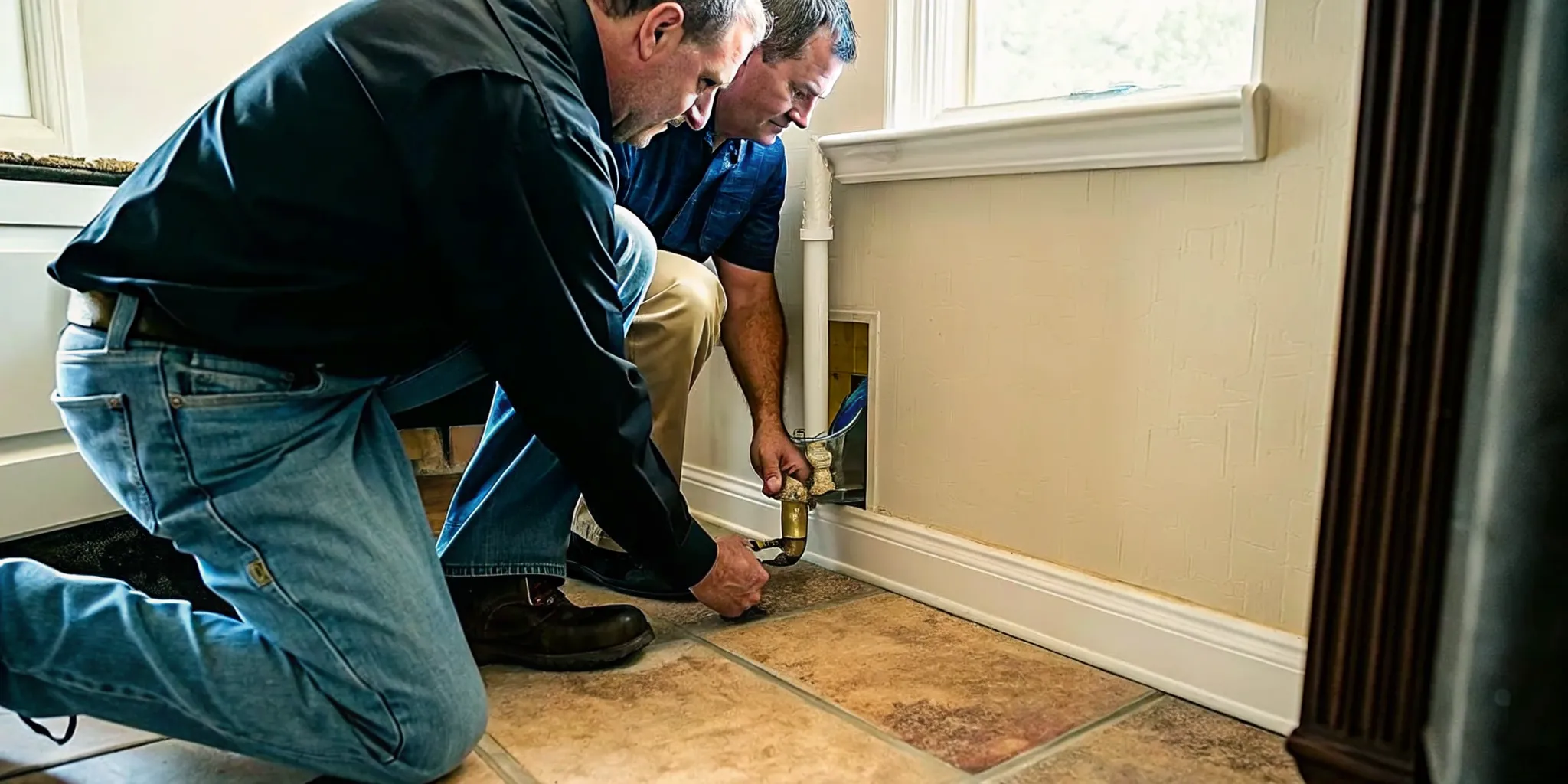 Homeowner safely turning off the main water valve before emergency plumbing repair