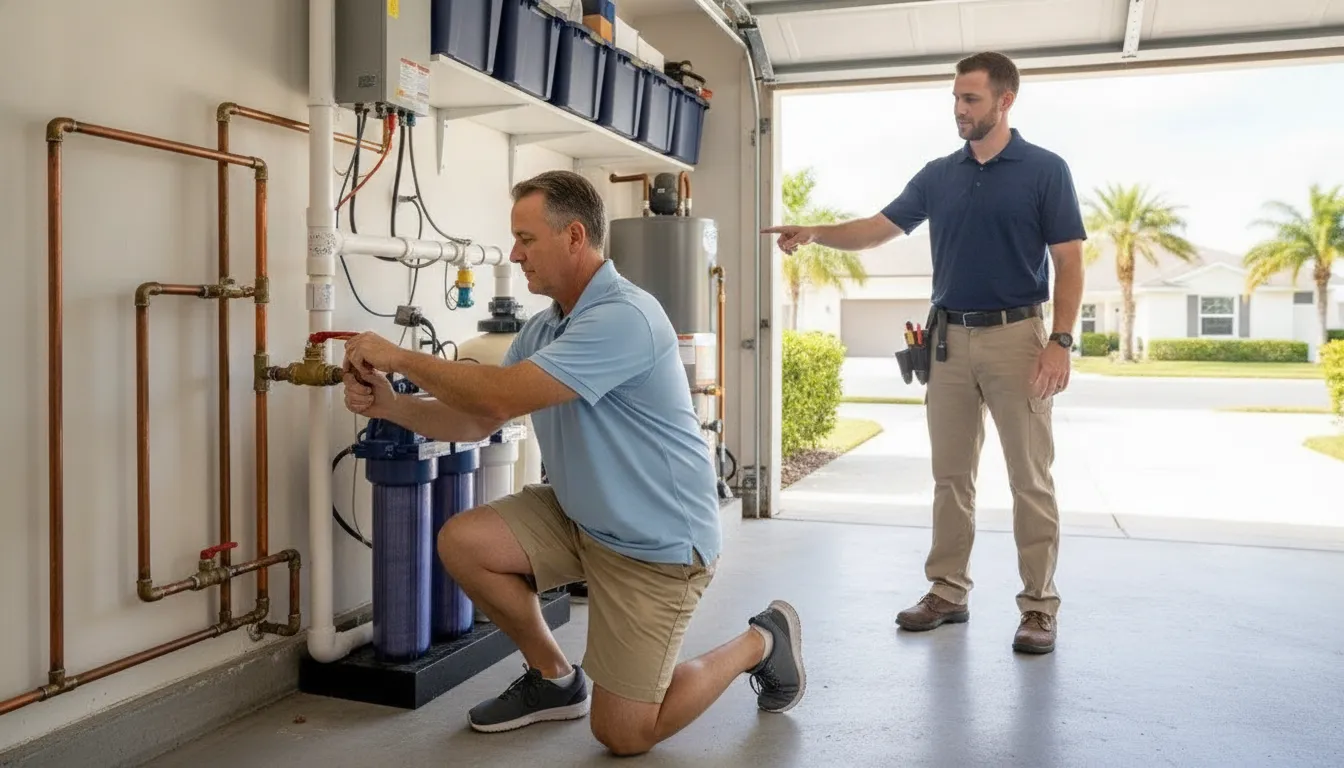 Homeowner locating a main water shutoff valve in Fort Myers