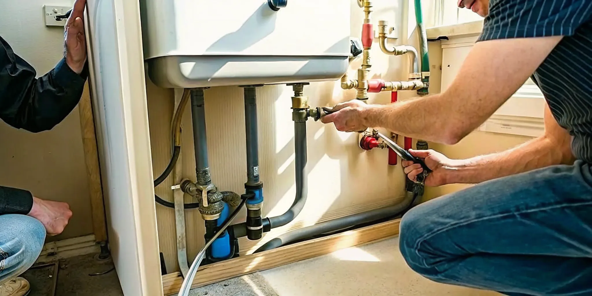 Plumber inspecting water heater valves and pipe connections