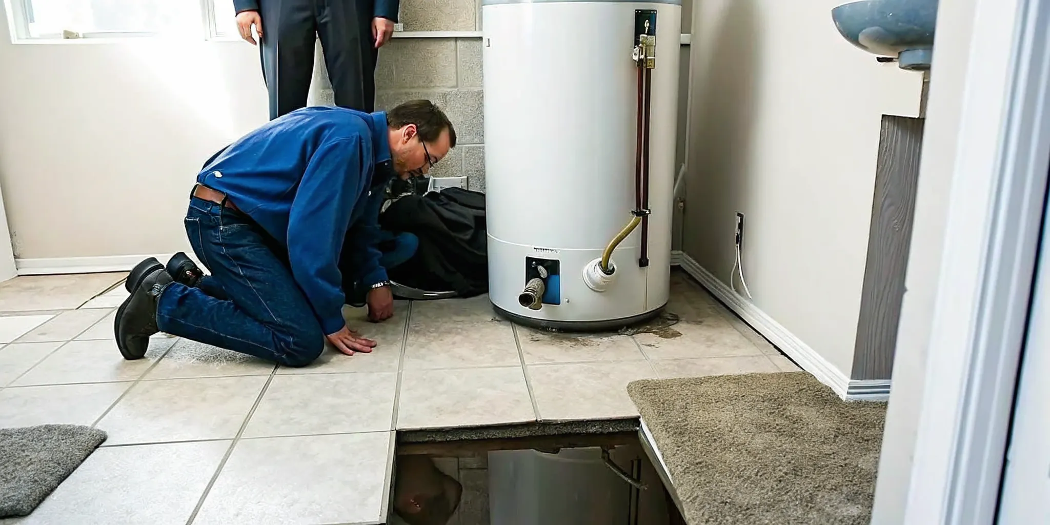 Plumber inspecting a leaking water heater near a small puddle