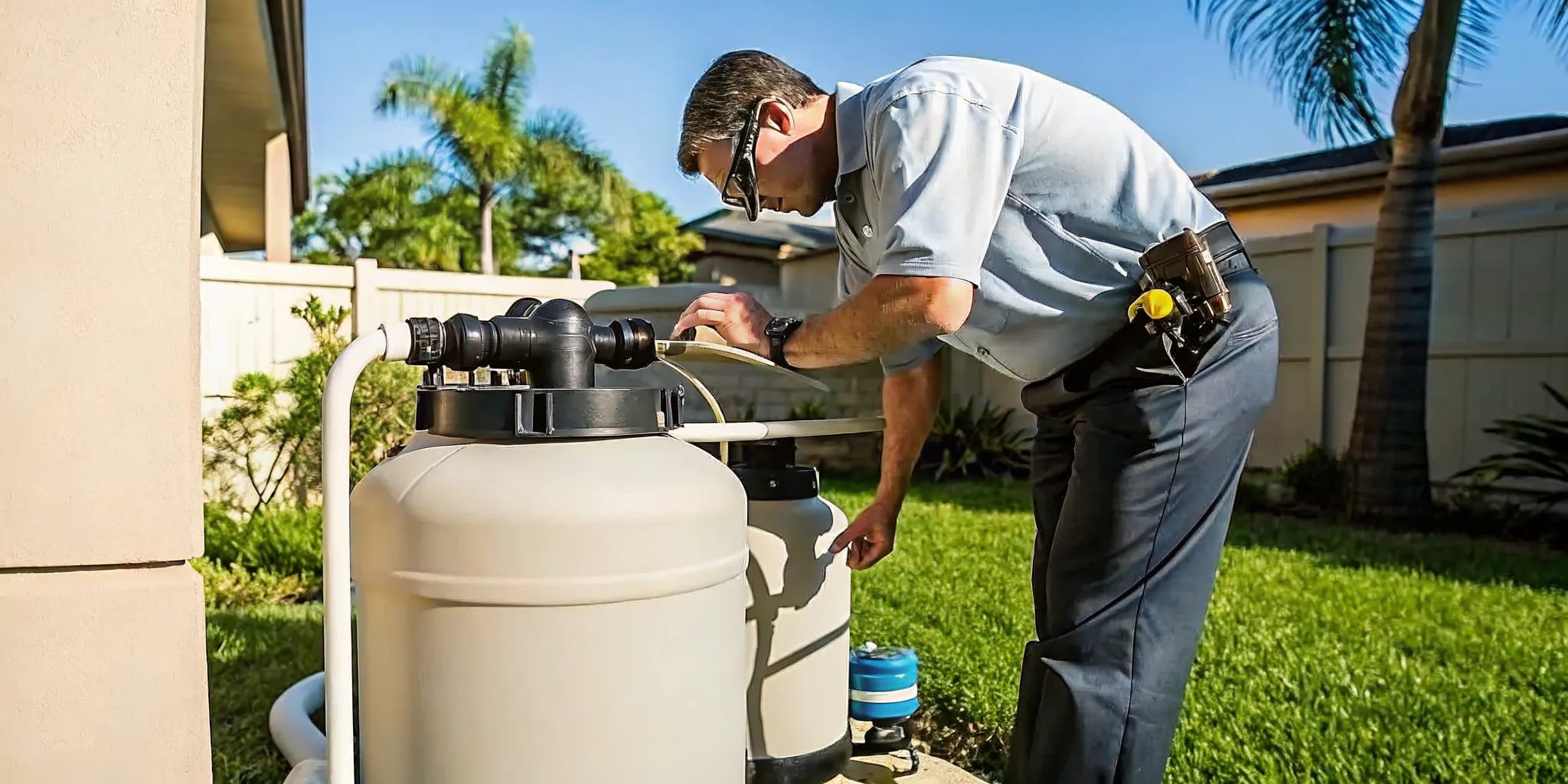 Professional plumber in Southwest Florida inspecting a residential water softener brine tank