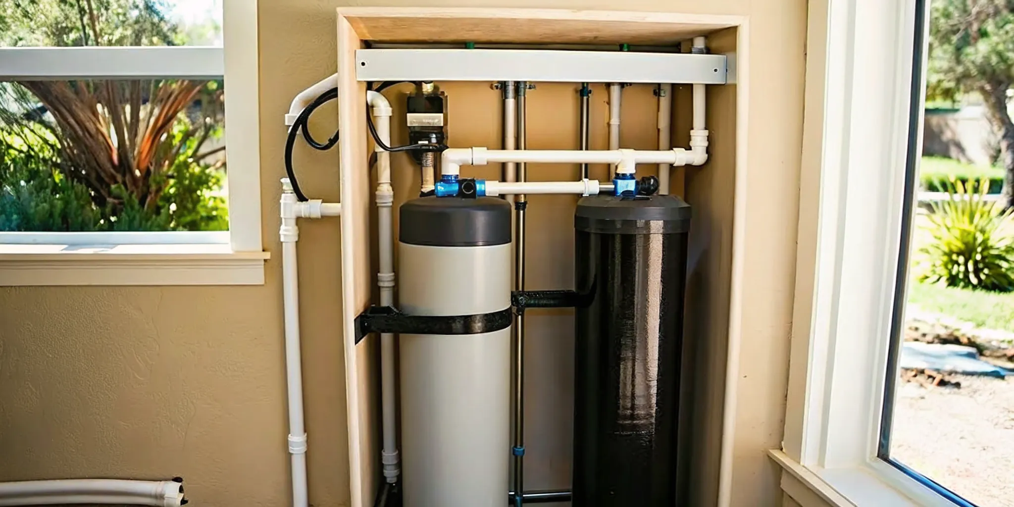 A clean, modern residential water softener system installed neatly in a Southwest Florida laundry utility room
