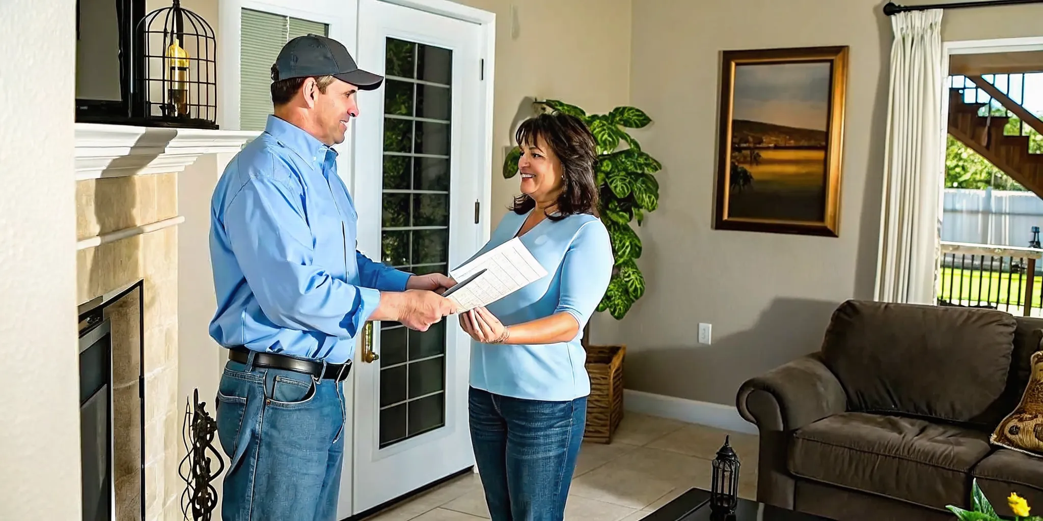 Plumber giving a written fixed-price estimate to a homeowner in Fort Myers Florida