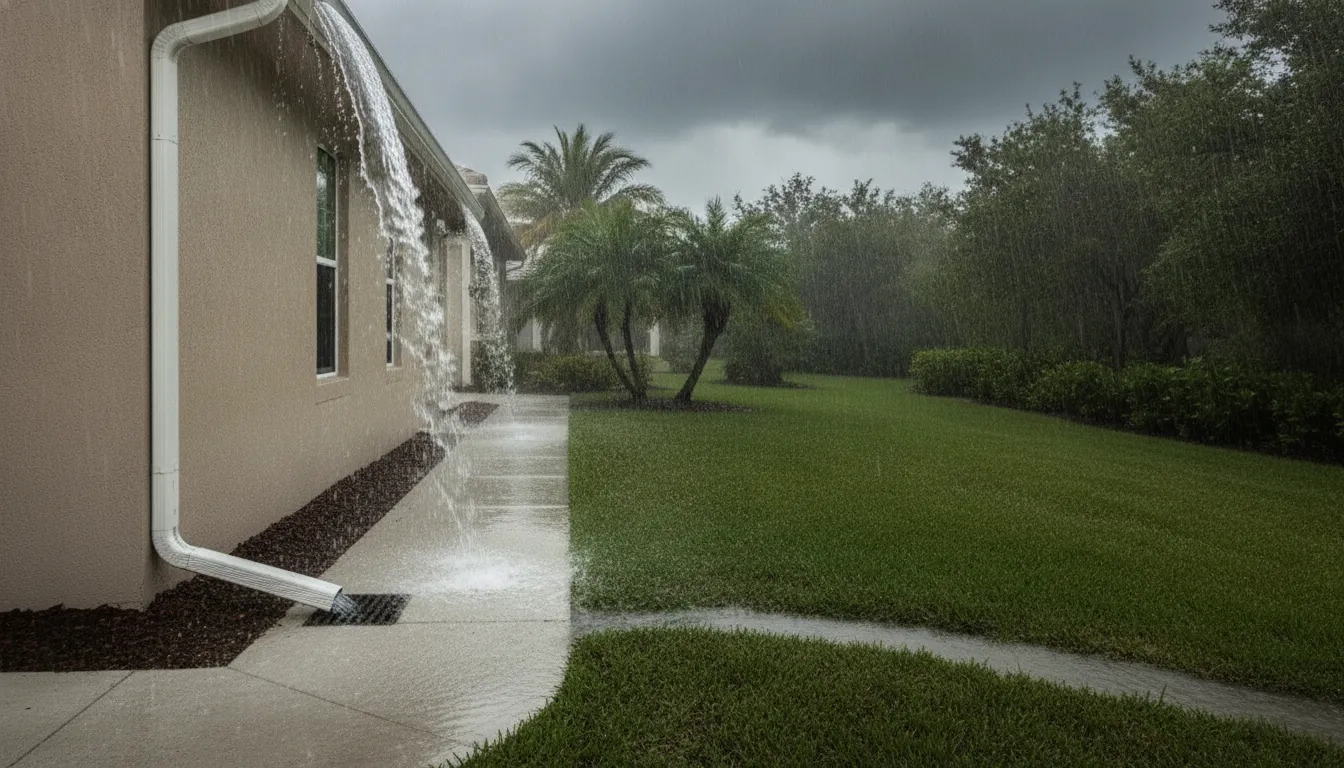 Rainwater channeled away from a Florida home foundation during heavy rainfall