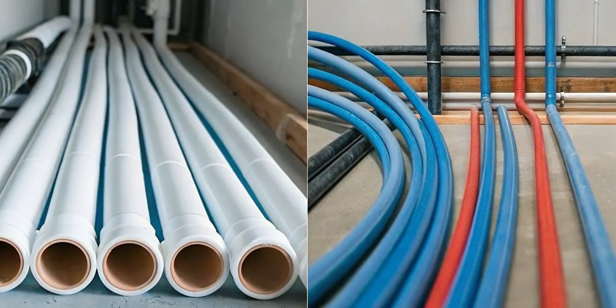 Comparison of different plumbing pipe materials including copper, PVC, and PEX
