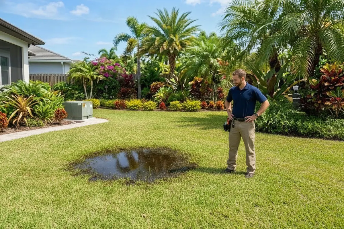 Plumber assessing a damp area near a home's water line