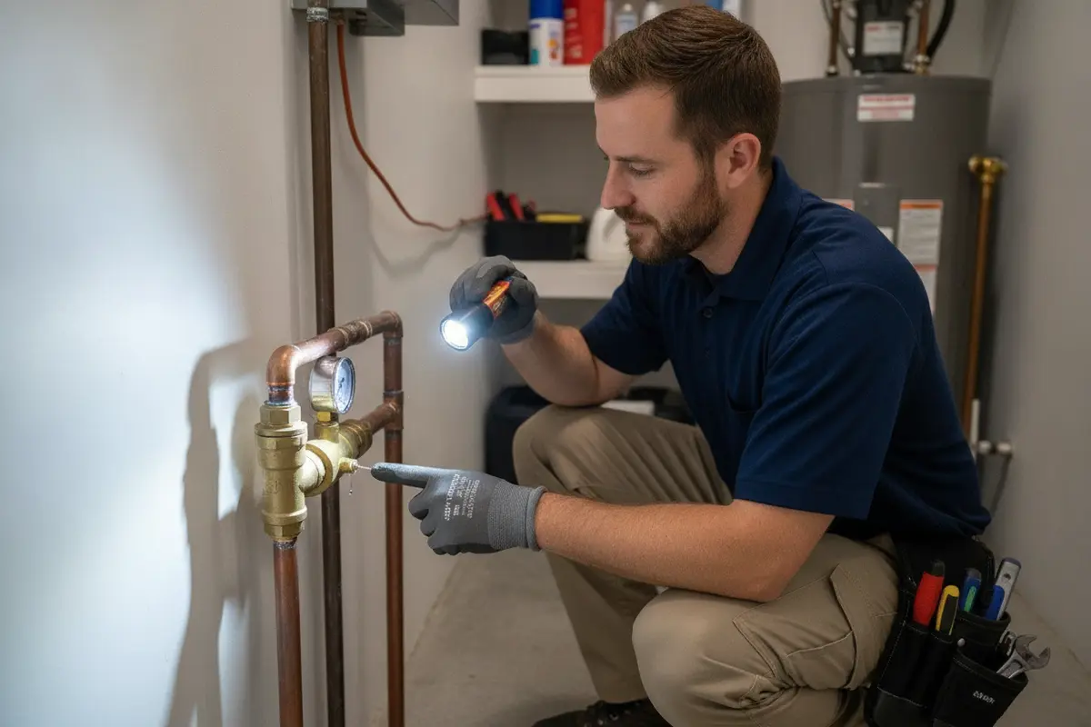 Plumber checking a residential water supply pipe