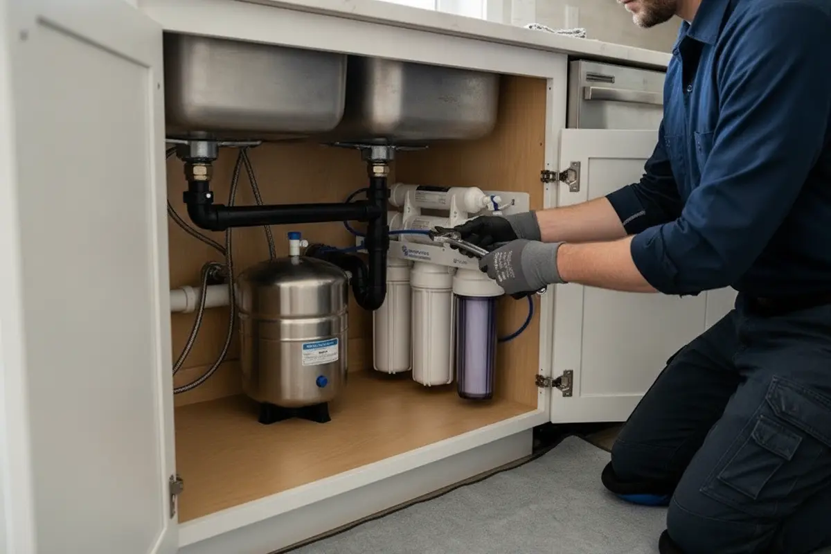 Plumber inspecting an under-sink water filter and its plumbing connections