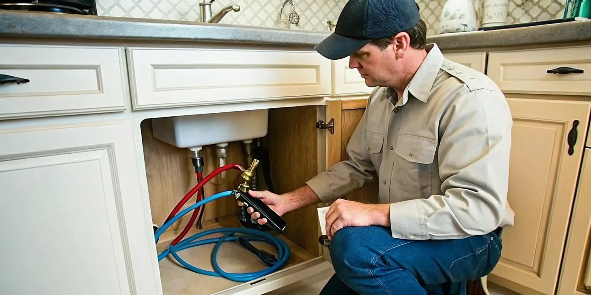 A professional plumber inspecting water pipes under a kitchen sink in Fort Myers