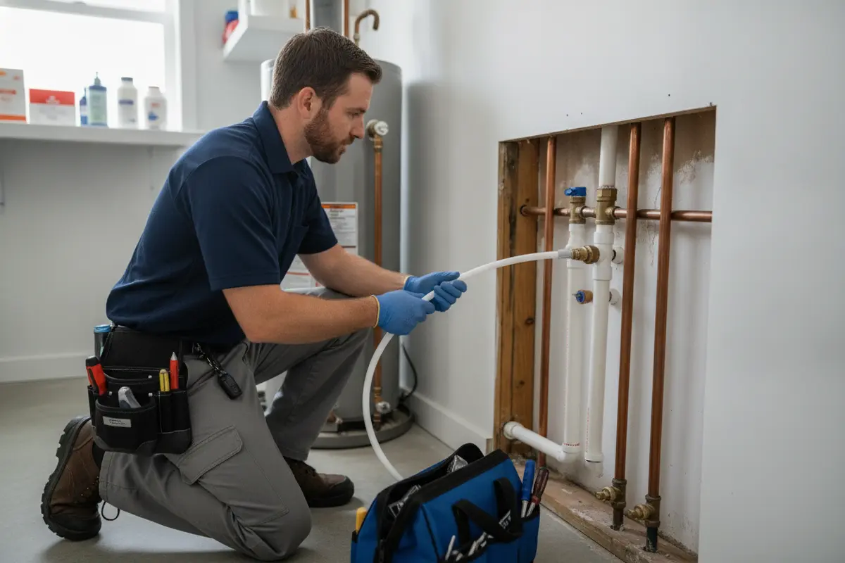Plumber planning replacement water lines in a residential utility area