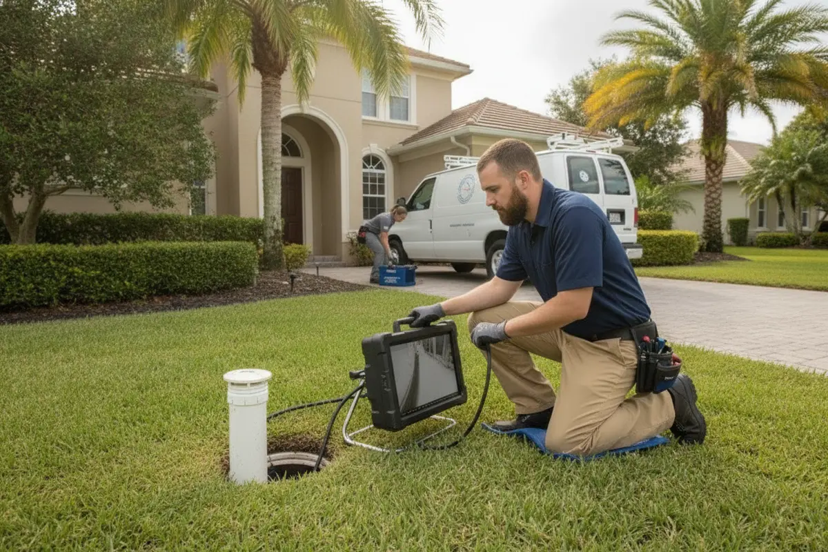 Plumber reviewing a sewer camera inspection at a residential property